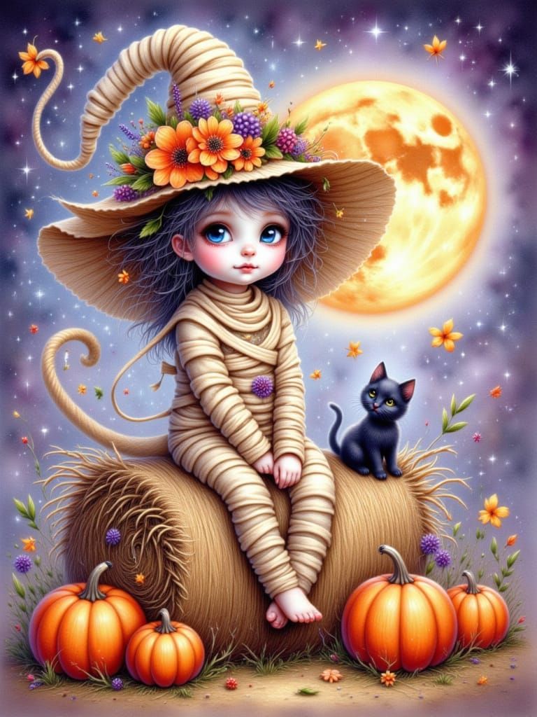 watercolor, whimsical image of a cute mummy wrapped in torn cream colored rags, with the cutest blue eyes, eyelashes, wearing a straw witche...