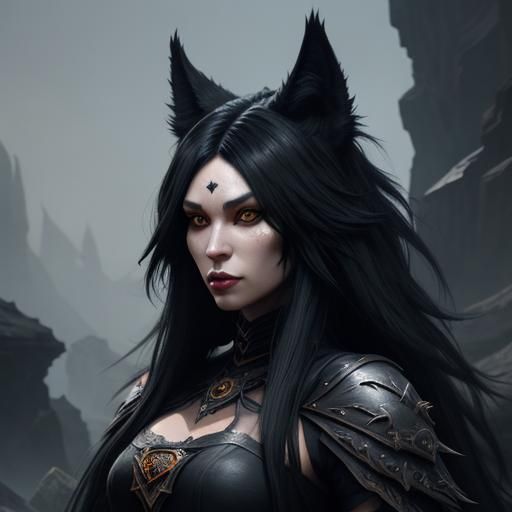 black wolves with girl with long black hair and wolf ears