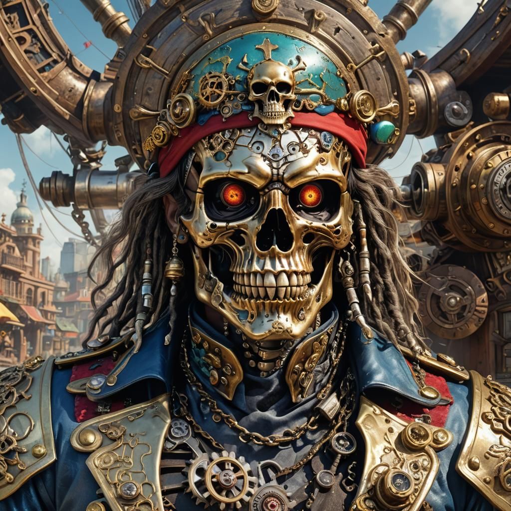 Metallic Pirate Captain Roaring in Psychedelic Cityscape