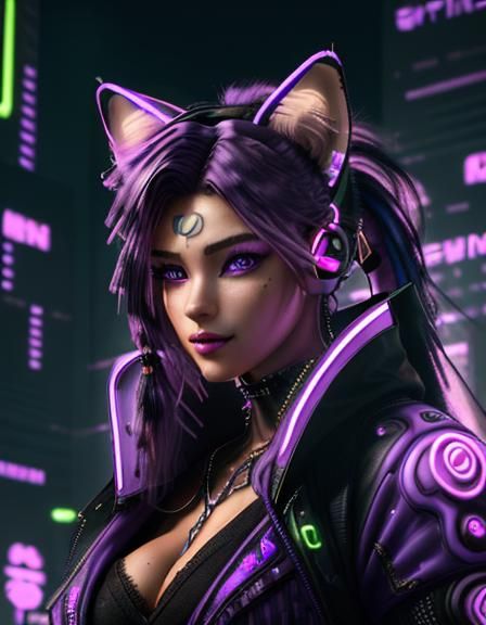 Purple Cyberpunk CatGirl 3 - AI Generated Artwork - NightCafe Creator