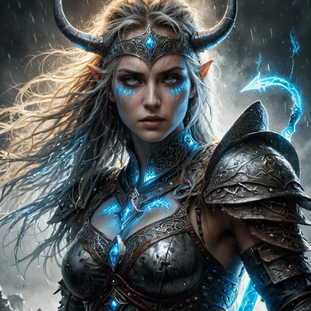 Viking warrior woman with glowing runes blue on her skin. epic, cinematic 