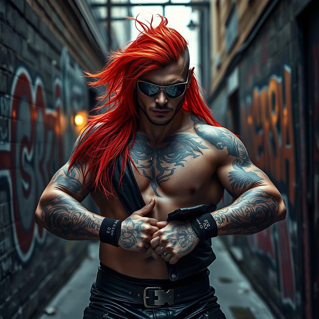 Male wrestler with long red hair and tattoos wearing silver mirrored sunglasses and black leather outfit ...  by @undefined