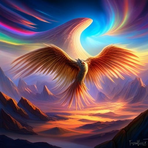 Phoenix ,elegant , soaring, wing spread , rainbow colours  ,...