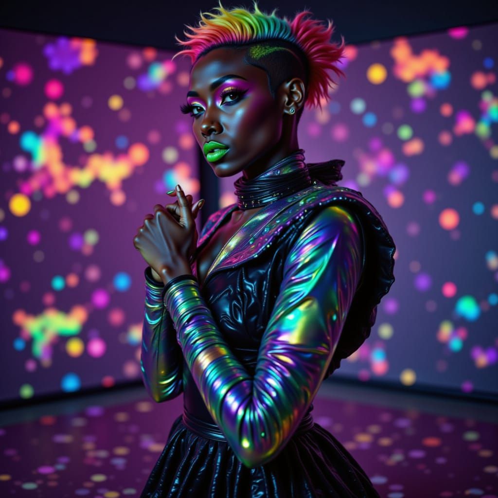 Stunning sci-fi high tech dress made out of shimmering flexible glass panels that work as mini screens showing clips of movies, music videos...