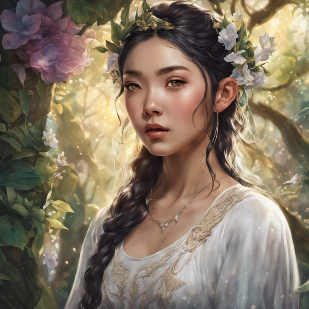 Portrait of an asian elven girl with pointed ears wearing white dress ...