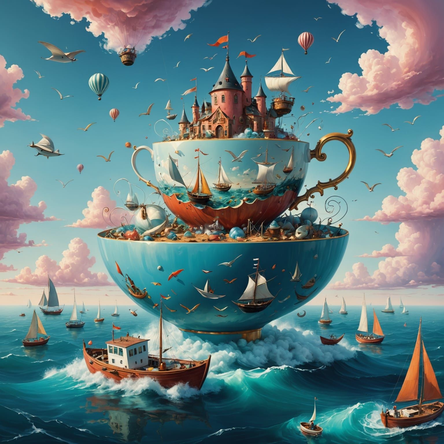 envision a world where everyday objects are placed in impossible settings, such as a giant teacup floating ...  by @PapaOsiris