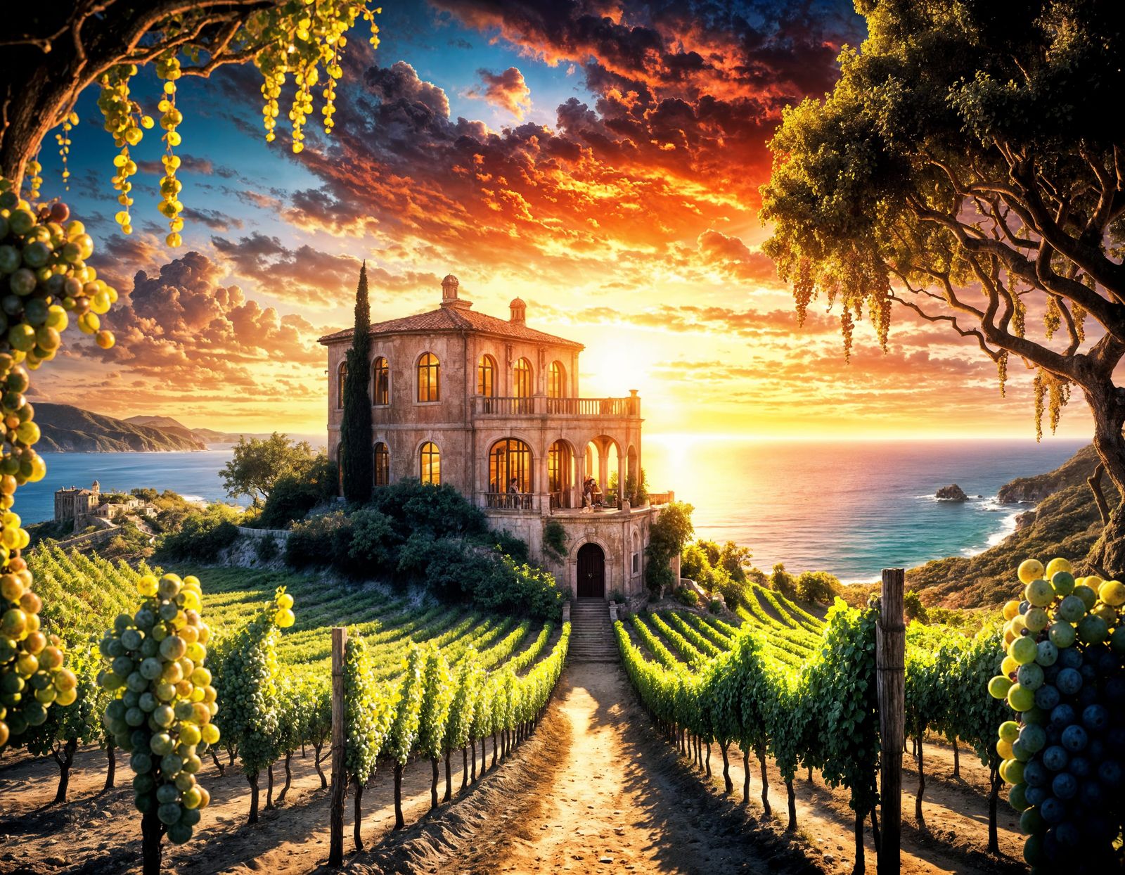 Surreal Sunrise in a Vibrant Cosmic Vineyard