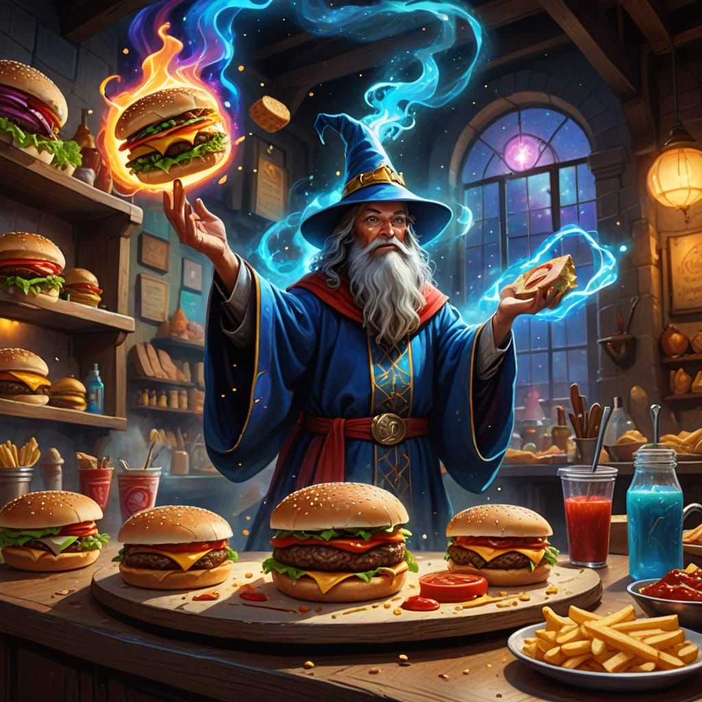 Wizard Conjures Flying Sandwich with Magical Wand