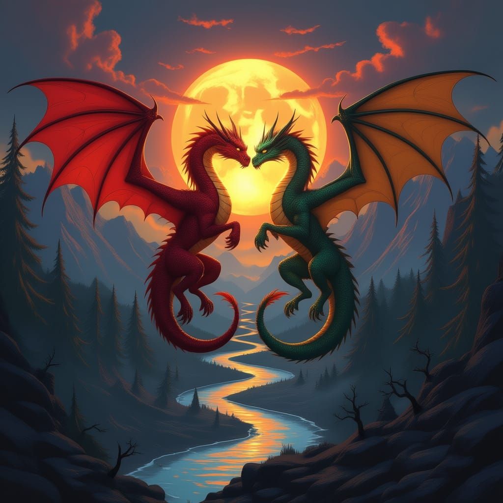 Post Apocalyptic Dark Fantasy, red dragon and gold dragon entwined midair between two mountain peaks at sunset