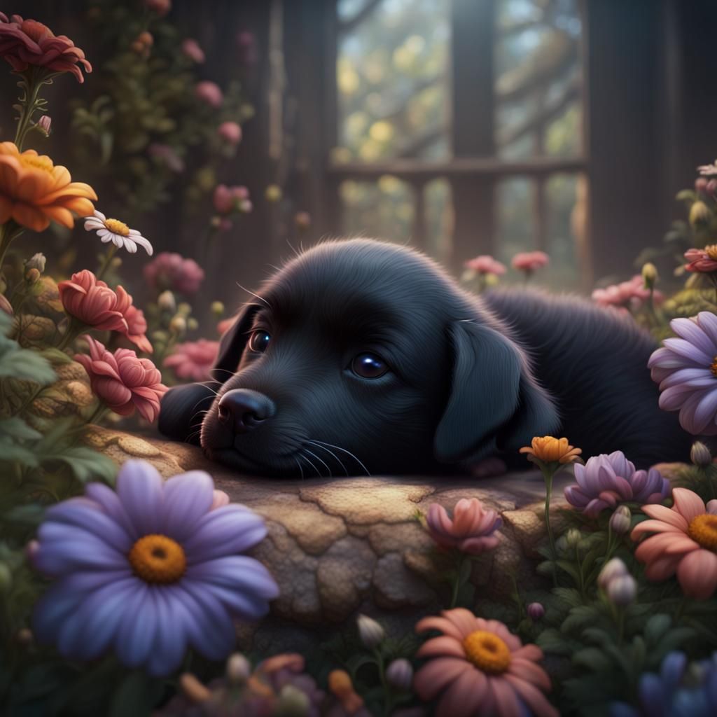A black puppy sleeping flowers   by @JellyFishFBI