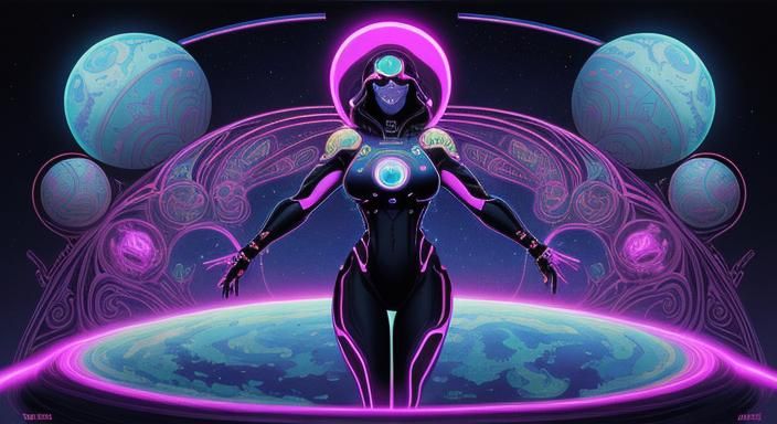 Neon light A cosmonaut with beautiful bosom, wide hips and m...