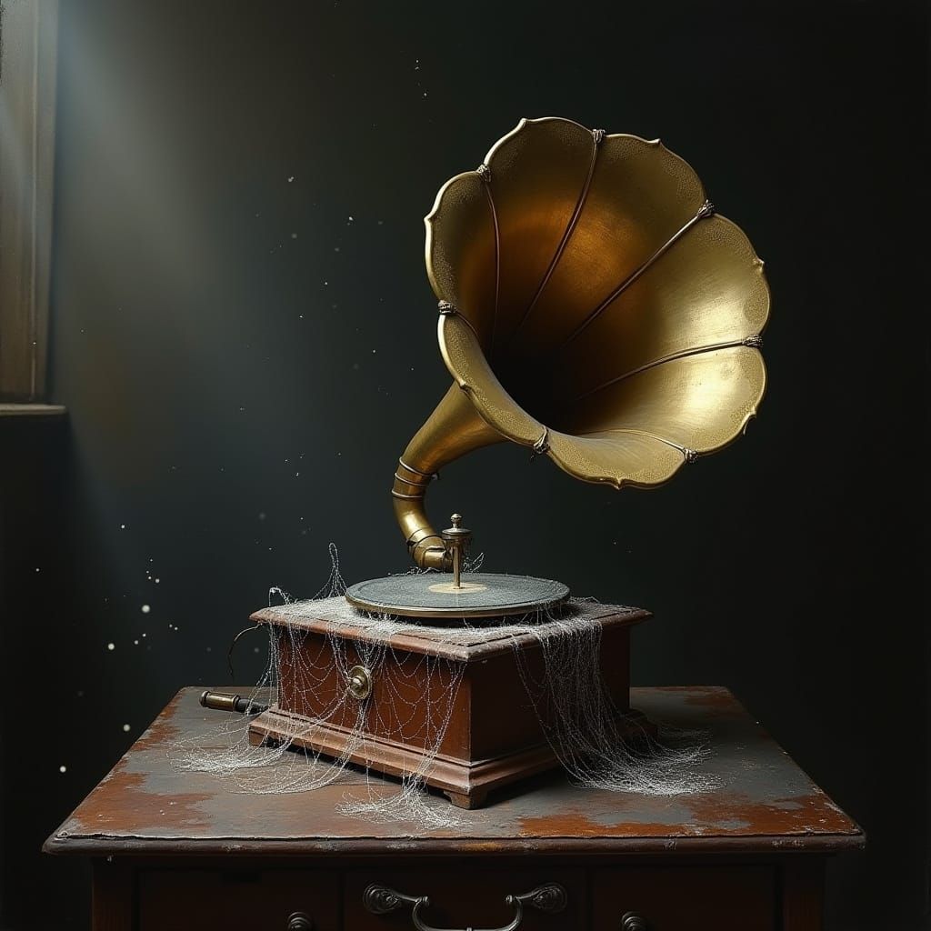 A vintage gramophone, its horn and body intricately detailed with delicate, white spiderwebs, as if time has stood still. The scene is set i...