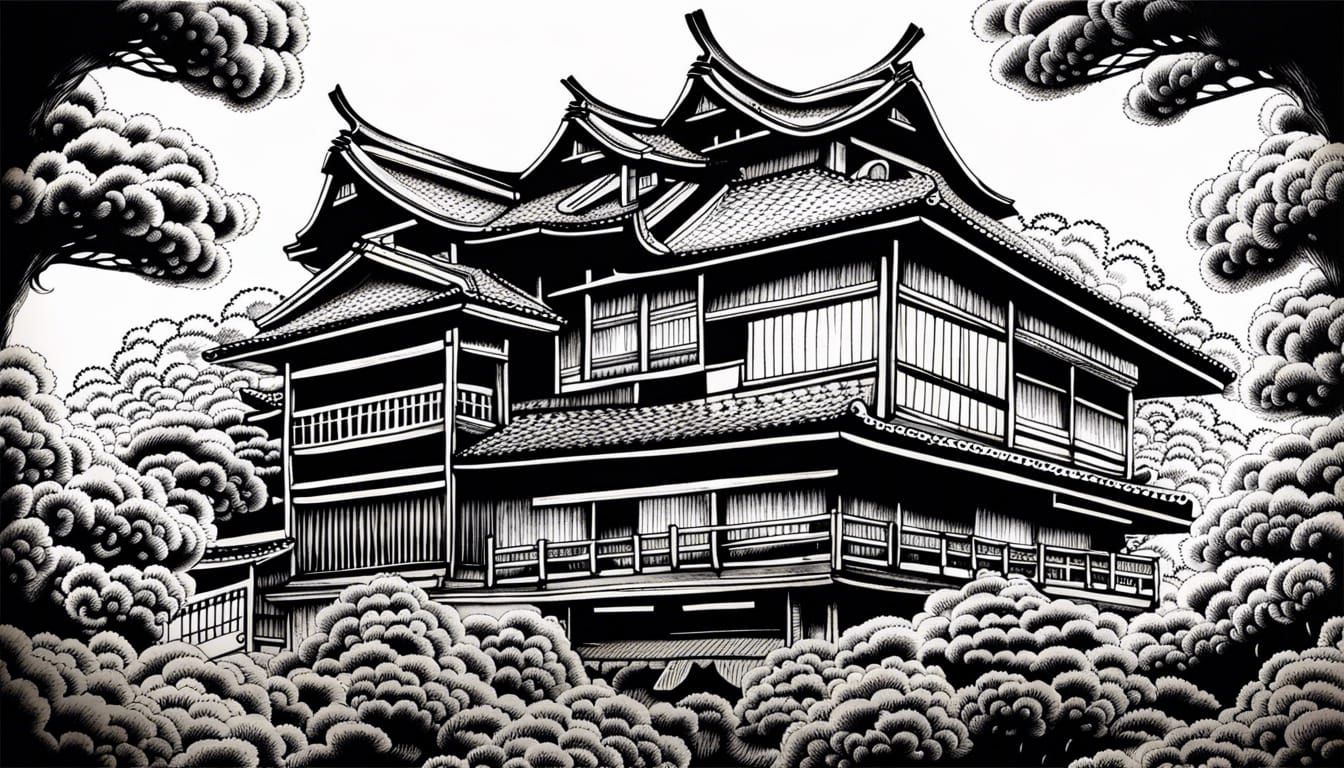 Ink Drawing of a Japanese House