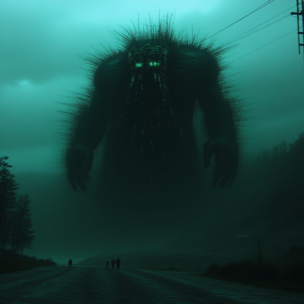  <lora:GlitchFlux MJ6-1:1.3> A colossal Cthulhu, crafted from computer code, emerges from the depths, its form glitchy and digital, exuding ...