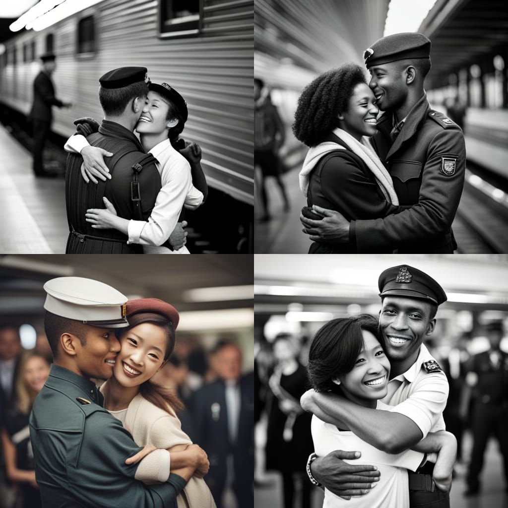 a man and a woman, embracing and smiling, near a train just ...