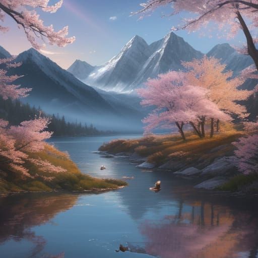 שדות דובדבן בשיא פריחתם למלוא צבי הדור העיין על רקע אגם קסום המשתרע לכל העורך והרים נשאים אשר  בסגנון אמיתי משתקפים בגווני  ואייל מלקק תמים ...