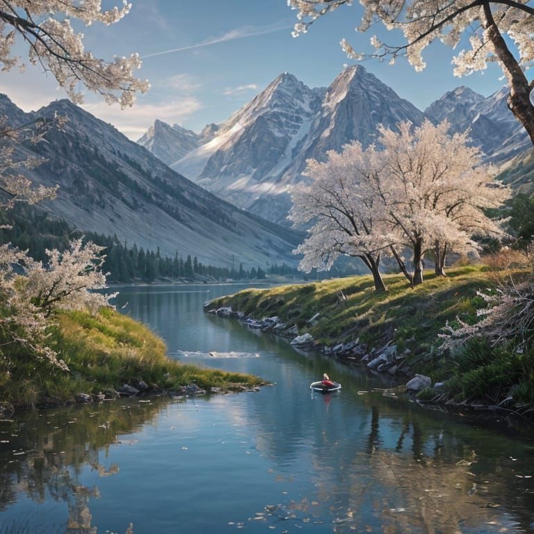 Cherry Blossoms Bloom by Magical Lake and Mountains
