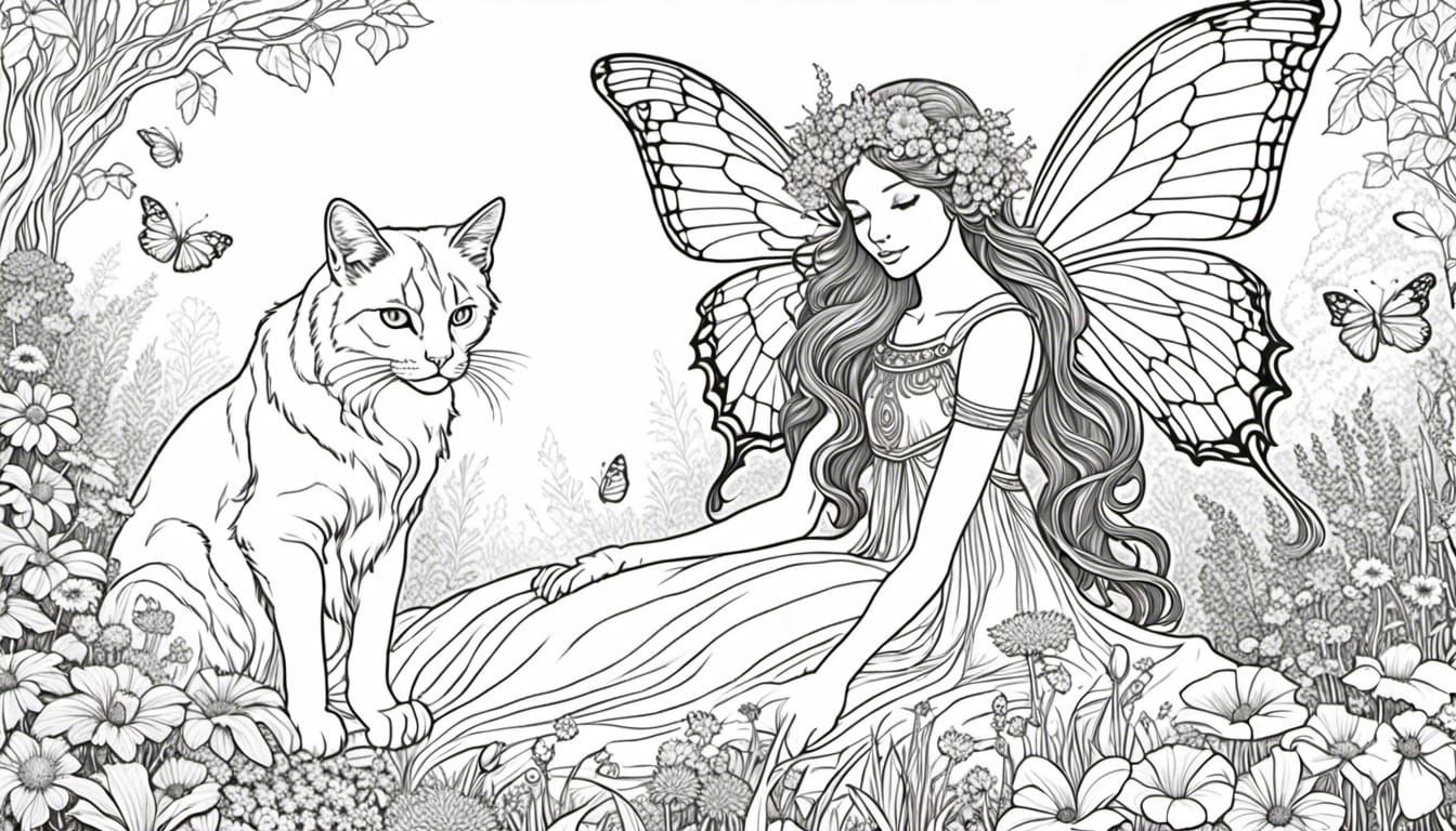 Fairy and Cat Coloring Book Page - AI Generated Artwork - NightCafe Creator