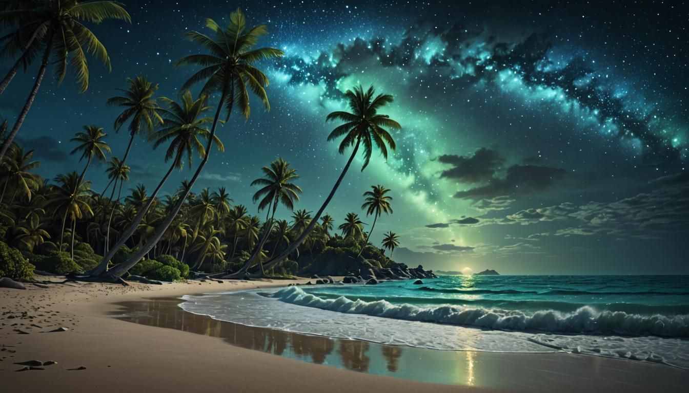 palm trees on the beach, bioluminescent waves, starry night   by @ih432