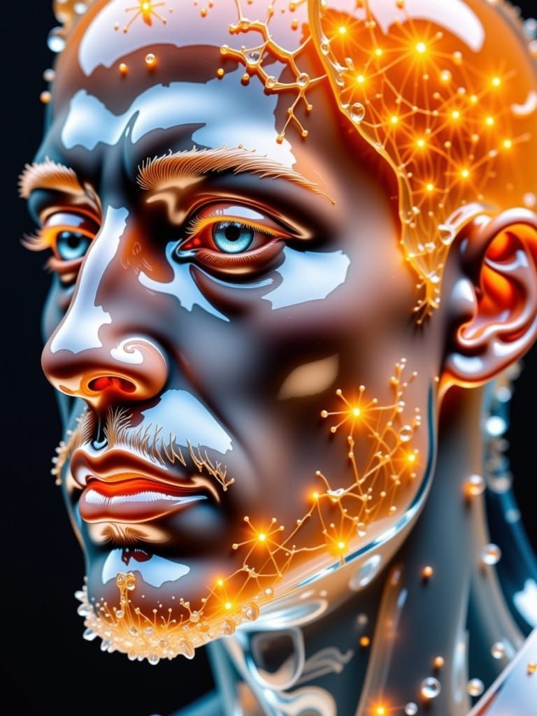 Alcohol ink A Transparent crystal portrait of an intelligent man, glowing orange cracks, stunning composition, transparent, crystal, ice, gl...
