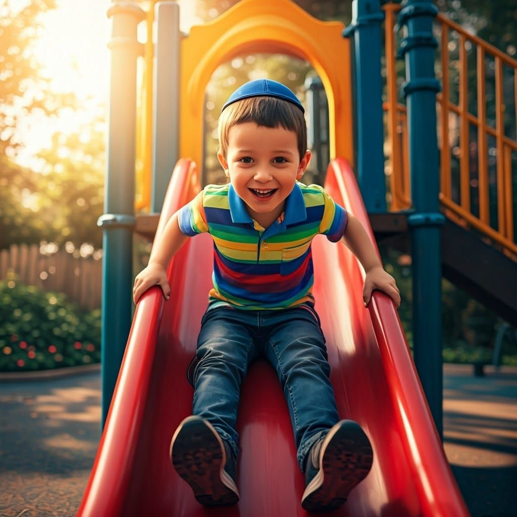 Orthodox Boy Zooms Down Bright Red Slide in Vibrant Playgrou...