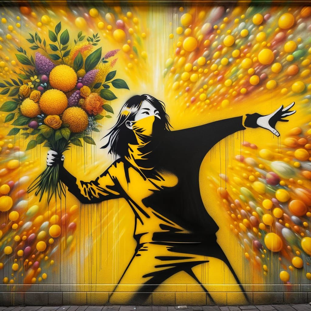 Protester throwing a bouquet of flowers