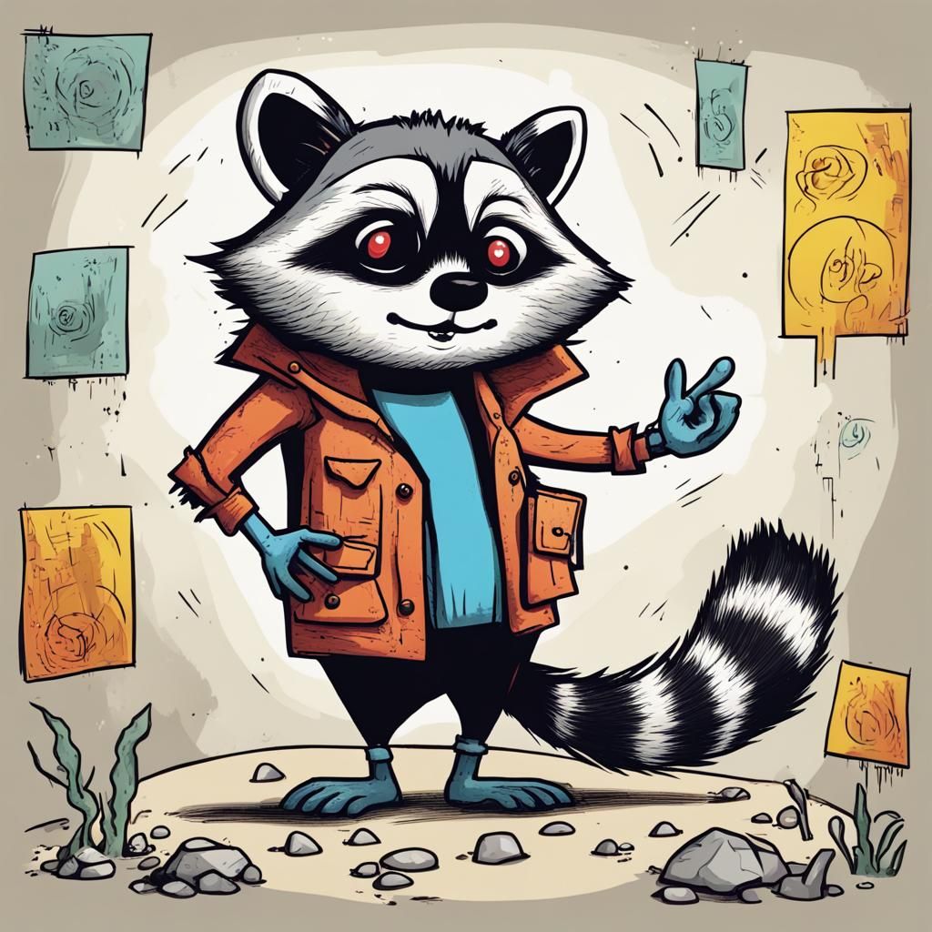 a colorful cartoon full body racoon : poorly drawn hands, disfigured ...