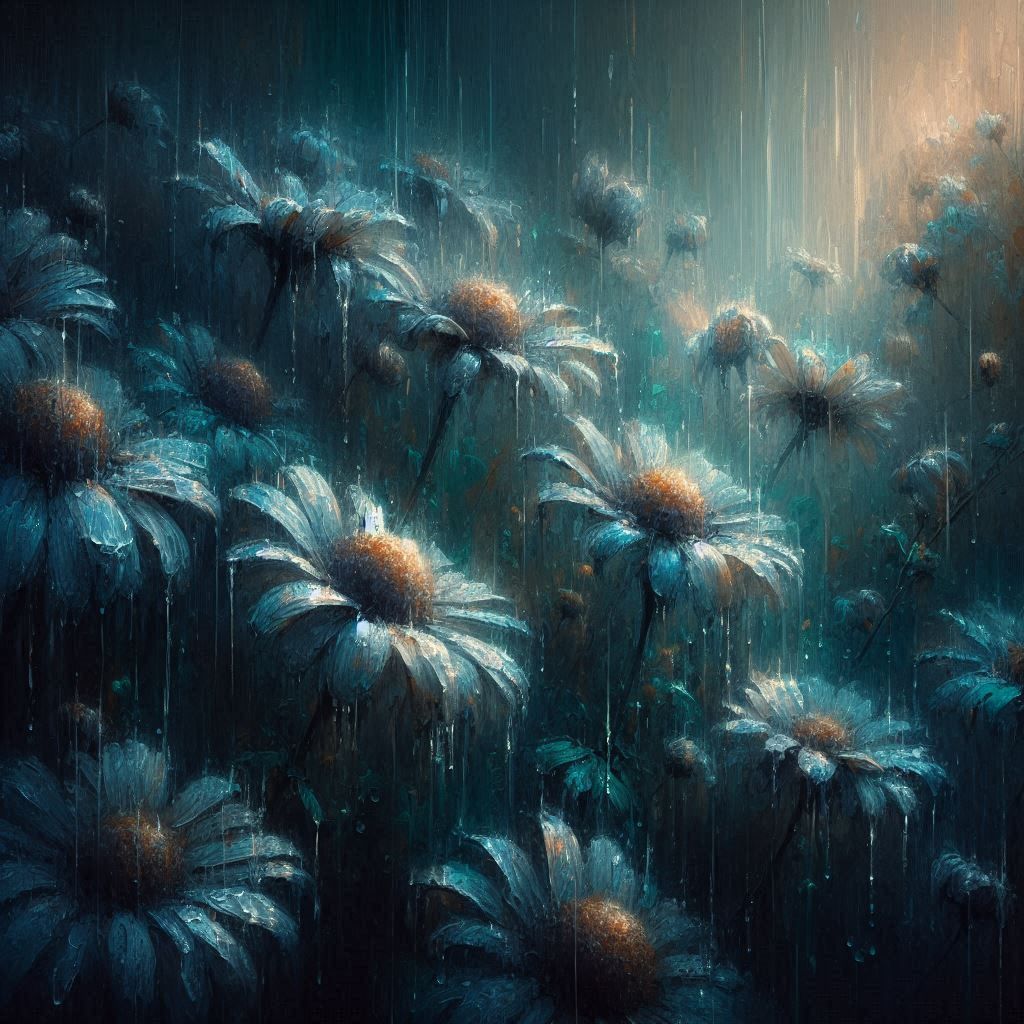 Daisies in the rain