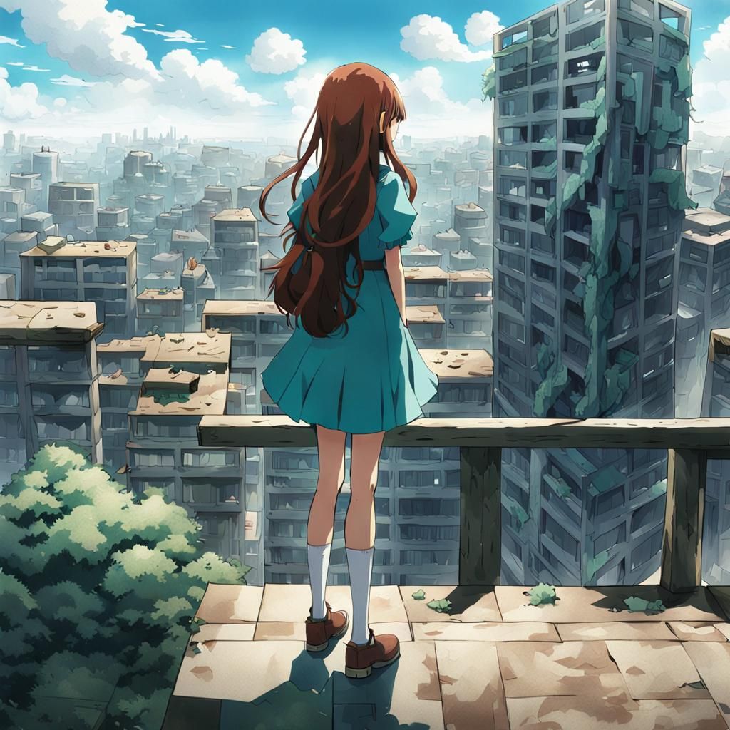 Anime Girl Gazing at Abandoned City from Rooftop