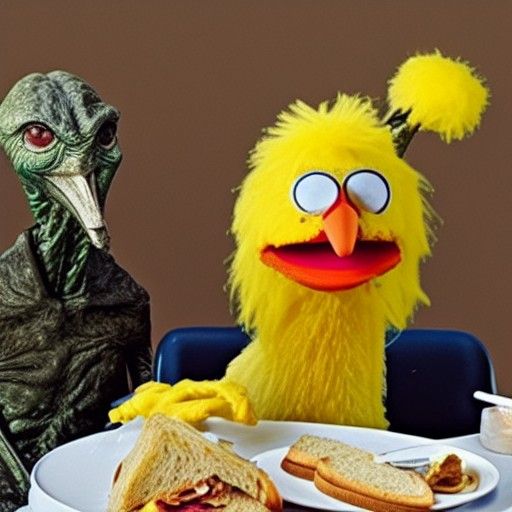 Big bird eating a sandwich next to et alien
