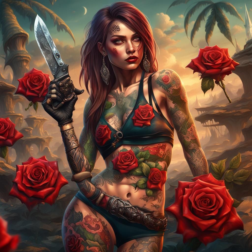 Insanely beautiful girl with hot bikinis , tattoos and red r...