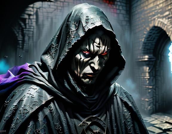 Hyperrealistic photo of a cloaked assassin hiding behind a w...