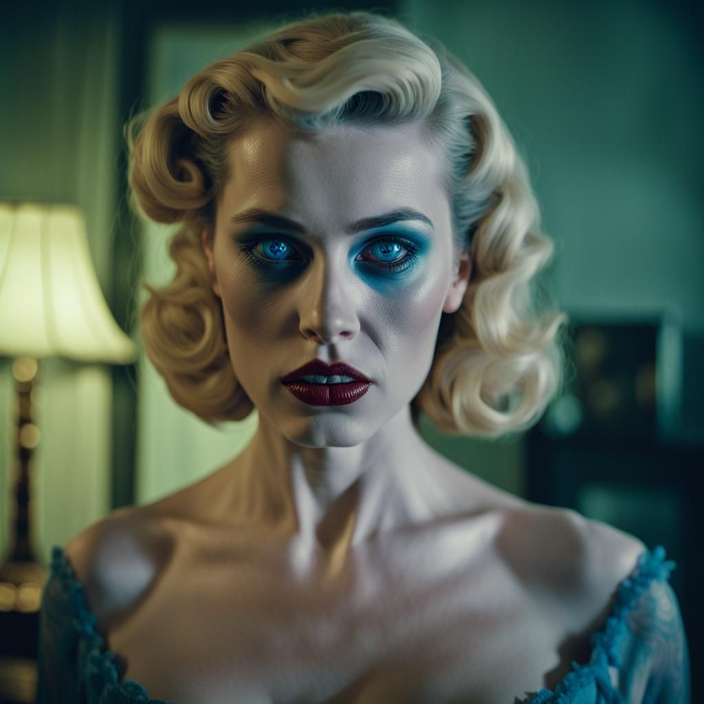Female ghoul pinup beauty with blue eyes in horror novela