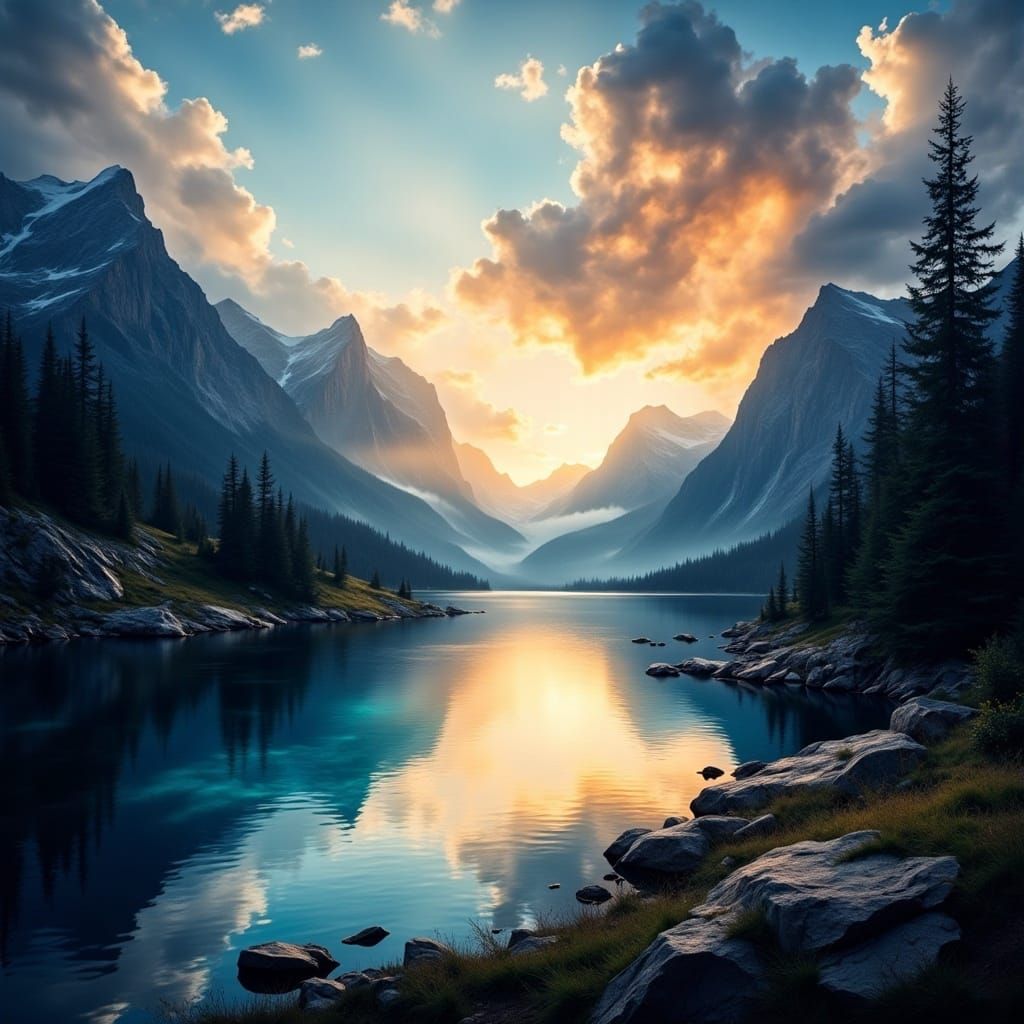 <lora:Caught in a Mosh v2:1.0> A beautiful serene lake nestled away in the mountains at sunset