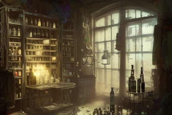 Cabinet with bottles and glass jars