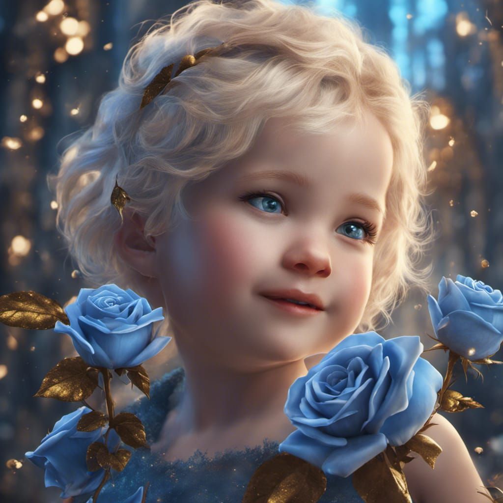 Glitter blue roses, craddle, blond smiling baby