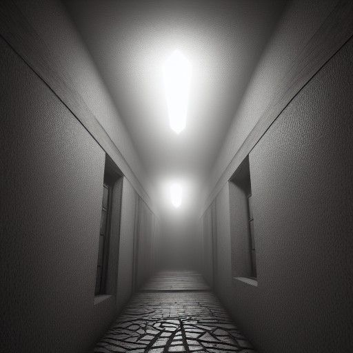 eerie secret passage, very dark and gloomy, torches on wall,...