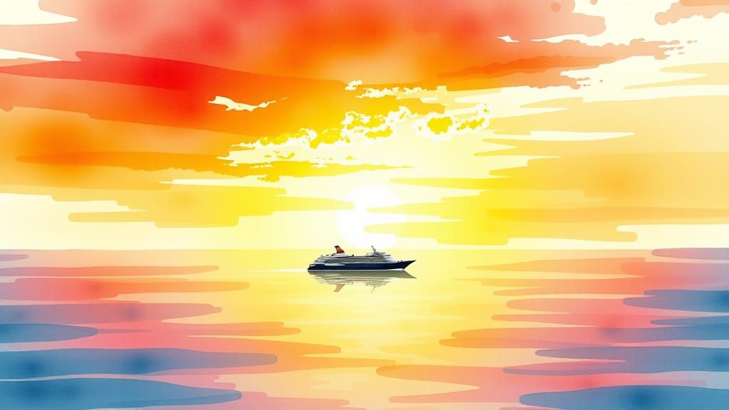 Watercolour painting of A sunset view featuring a silhouette...