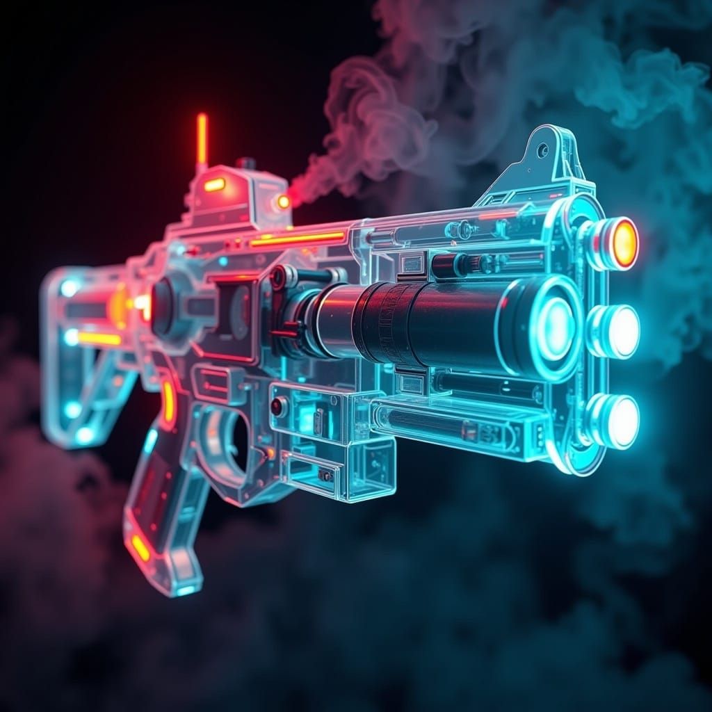 <lora:Cybernetix:1.0> dynamically close up, high-resolution photograph of a translucent softly glowing mechanical "Machinegun" back lit by n...