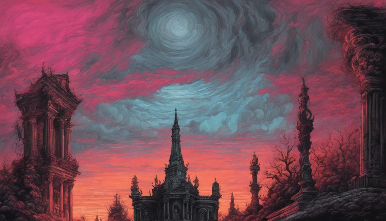A baroque temple of a strange flower godess at the end of time synthwave neon retro horror Gustave Doré Greg Rutkowski hyperdetailed charcoa...