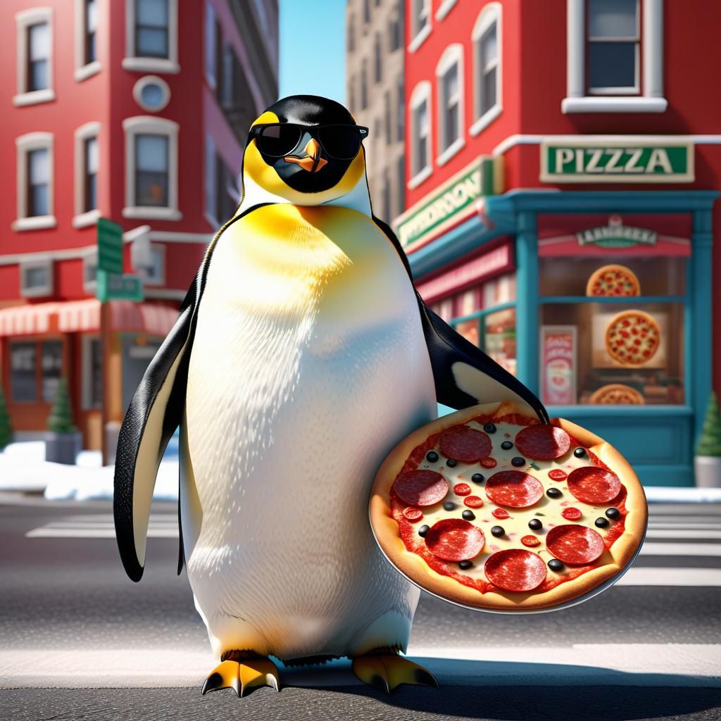 Paco the Penguin representing Peng's Pizzzaria, with a triple Zlicious three cheese blend.  by @MountainKing 