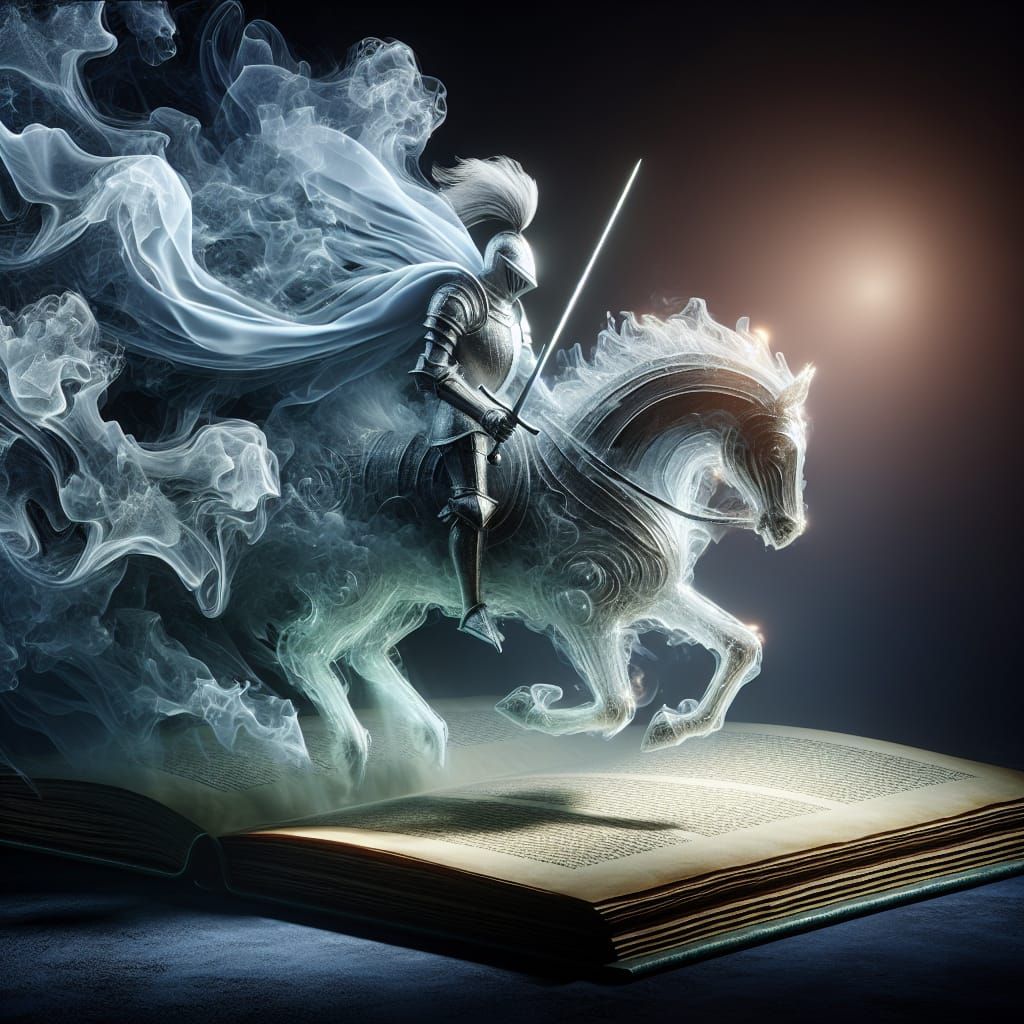 beautiful mist shaped like a knight in shining armour riding a horse, charging with a sword ready to ...  by @Kindly Offer