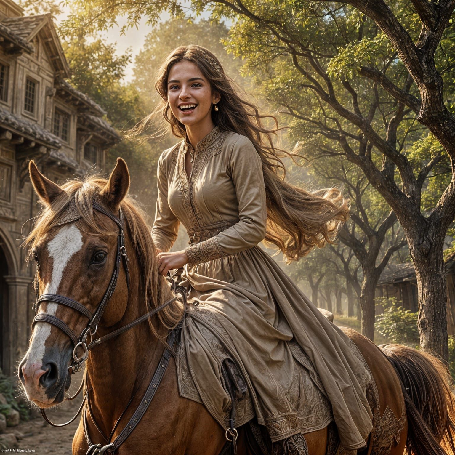 "One girl wearing a long, light brown dress has dimples on h...