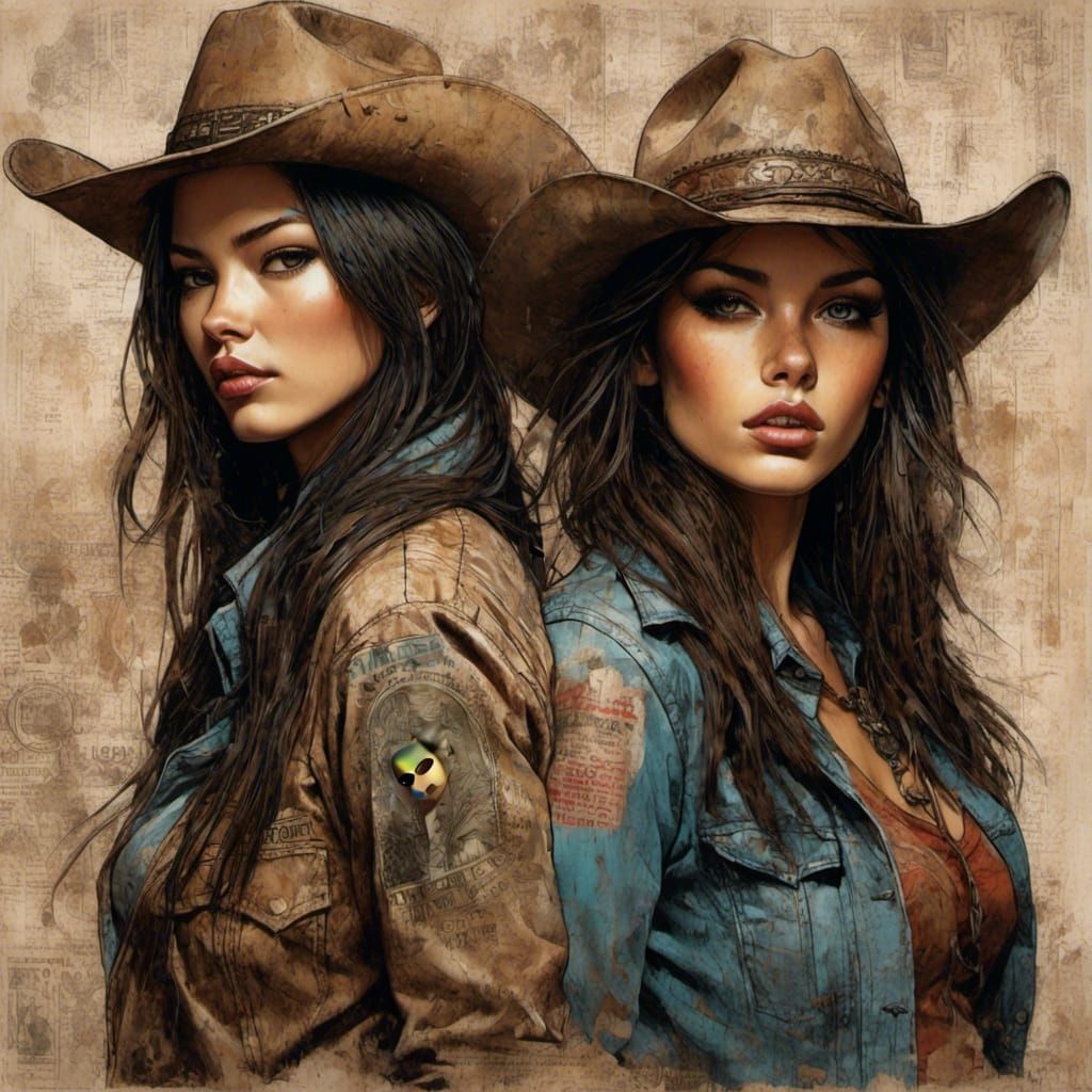<lora:Grunge-Poster:1.0> A set of twin Cowgirls with brown h...