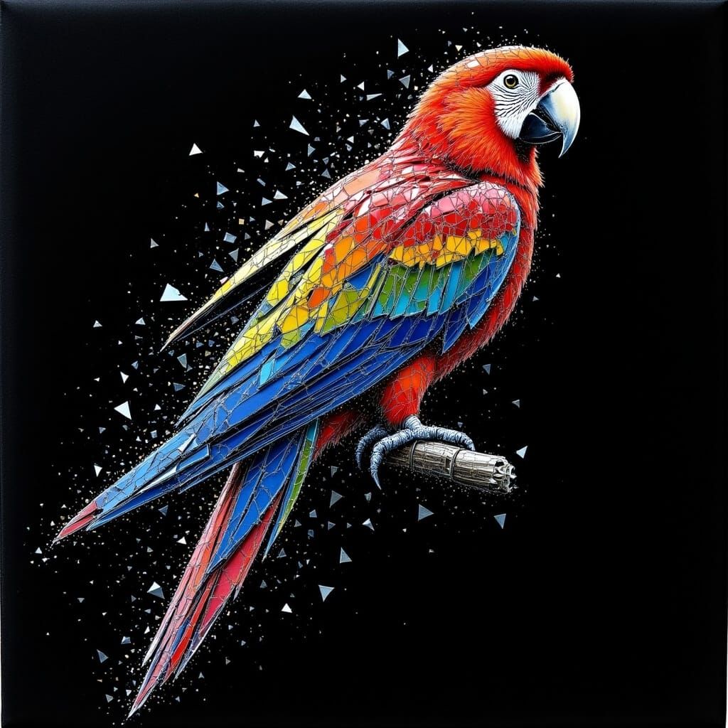 Parrot abstract portrait made with shattered glass on black velvet. the shatters forms the outline of portrait <lora:Shattered:1.0>