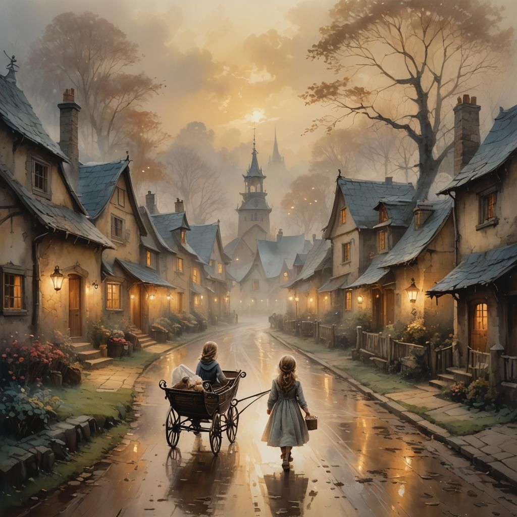 Little girl walks through the village with her doll carriage...