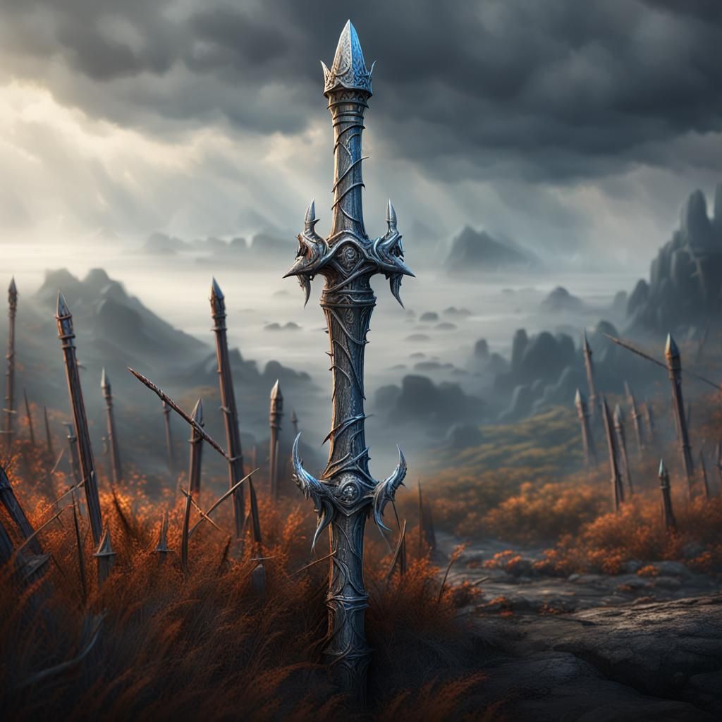 A 4 foot long Barbed Silver Stake with barbs facing inward t...