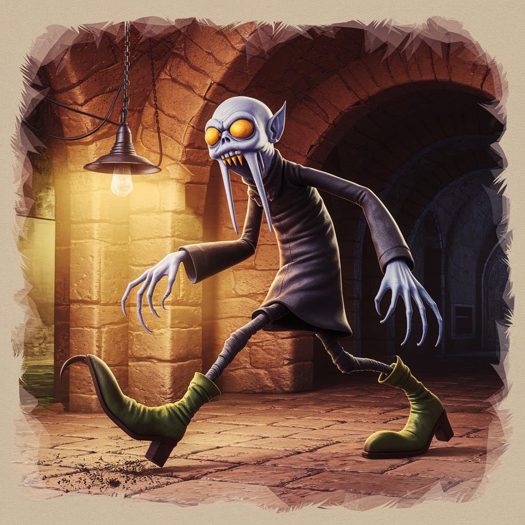 Surreal pale vampire with globular lifeless yellow eyes and long walrus teeth. His long arms with long hands and long fingers and long claws... - Start Image 2