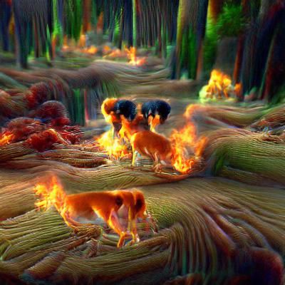 Dogs running in forest fire