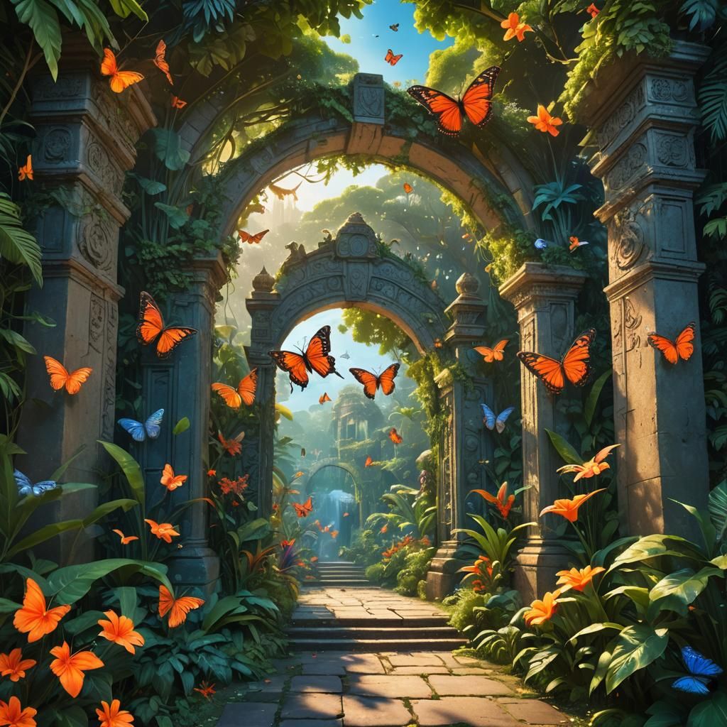 Lush Gateway with Butterfly in Matte Painting Style